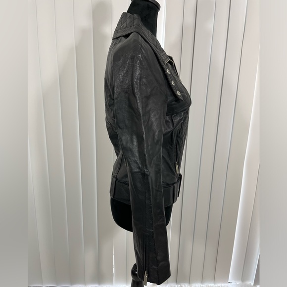 BLANC NOIR Quilted Leather Moto Jacket Belted Zip Up Lined Buckles Black Size S - Picture 5 of 9